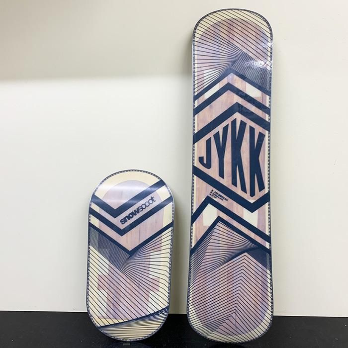 JYKK SNOWSCOOT X-1 Wooden Medium front and rear board set, shop photograph of the bases