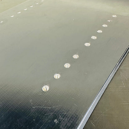 Used TORINITY SSST hard-flex black prototype front board: Close-up of original threaded inserts and topsheet wear